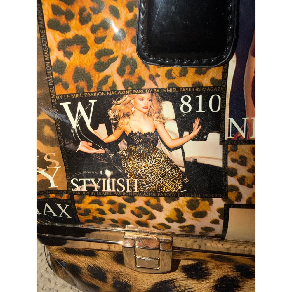 Le Miel Pasiion Leopard Magazine Print Satchel Bag Gold Frame Bottom Compartment - Picture 5 of 16